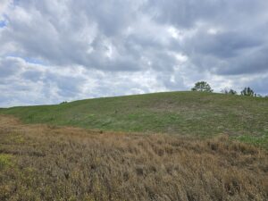 Grass covered hill under cloudy sky.