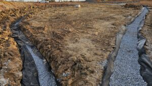 Drainage ditches with gravel and fabric.