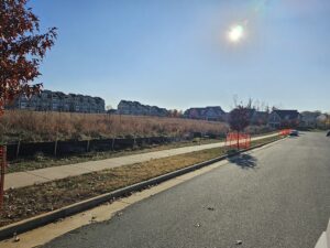 Empty street with houses in the distance.