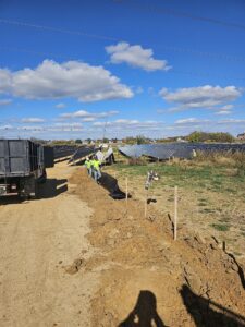 Workers installing solar panels in a field.